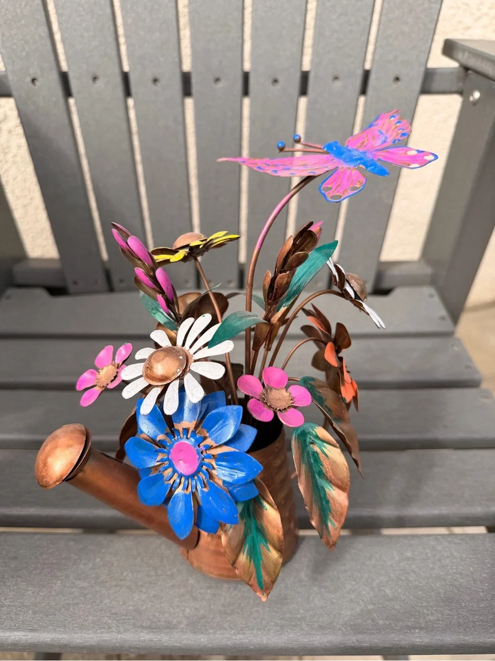 Copper-Tone Floral Watering Can Sculpture w/ Handpainted Metal Flowers Music box